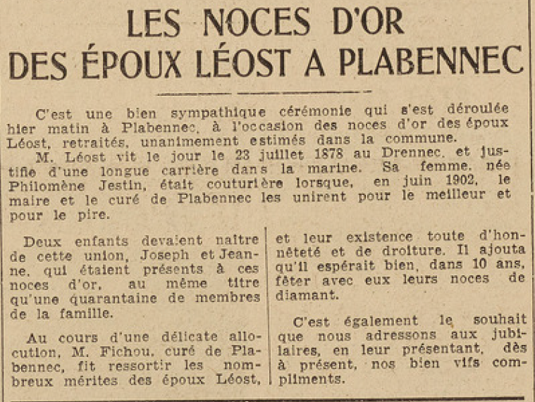 Plabennec Noces d'Or époux Léost femme Jestin Philomène Le Télégramme de Brest 28 août 1952
