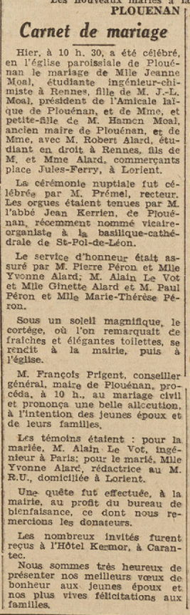 Plouenan Mariage Moal Jeanne avec Alard Robert Le Télégramme de Brest 5 aout 1952