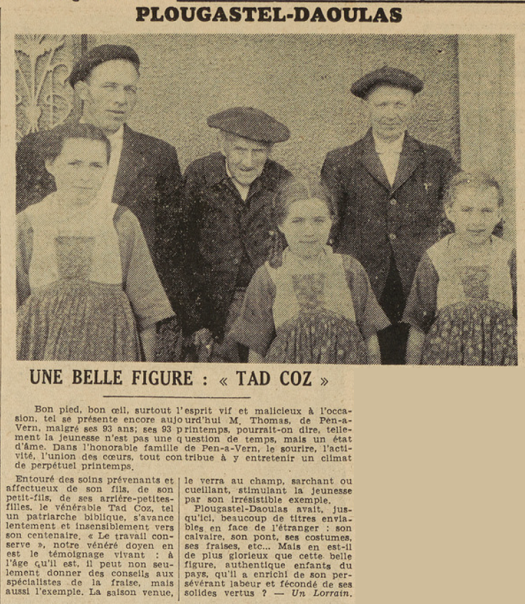Plougastel-Daoulas Mr Thomas 93 ans Le télégramme de Brest 16 juillet 1952