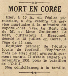 Plouguerneau Mort en Corée Le Rest Yves Le Télégramme 2 août 1952