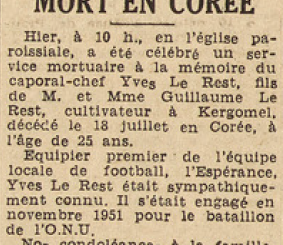 Plouguerneau Mort en Corée Le Rest Yves Le Télégramme 2 août 1952