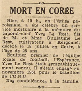 Plouguerneau Mort en Corée Le Rest Yves Le Télégramme 2 août 1952