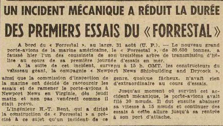 Porte-Avions Forestal Newport News Le Télégramme de Brest 1 septembre 1955