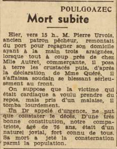 Poulgoazec Mort subite Urvois Pierre Le Télégramme de Brest 1 septembre 1955