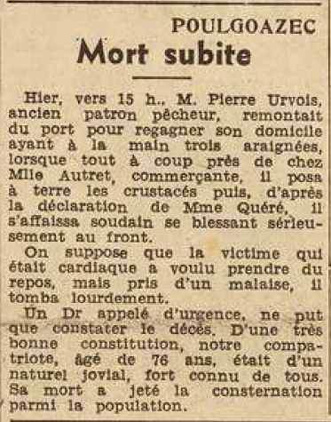 Poulgoazec Mort subite Urvois Pierre Le Télégramme de Brest 1 septembre 1955