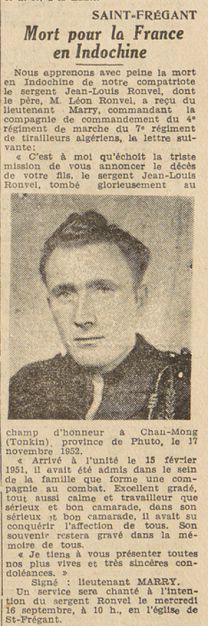 Saint-Frégant Mort pour la France Indochine Ronvel Jean-Louis Le Télégramme de Brest 15 septembre 1953