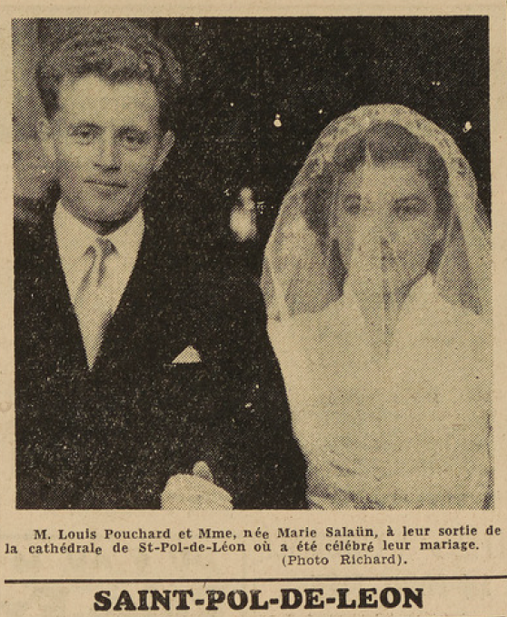 Saint-Pol-de-Léon Mariage Pouchard Louis avec Salaün Marie Le Télégramme de Brest 27 août 1952
