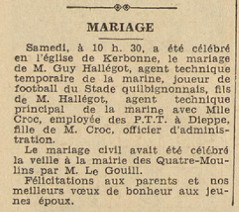 St-Pierre-Quilbignon Mariage Hallégot Guy et Mlle Croc Le Télégramme de Brest 7 septembre 1953