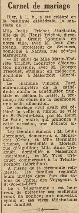 St-Pol-de-Léon Mariages Trichet Joëlle avec Jozroland Jean et Trichet ...