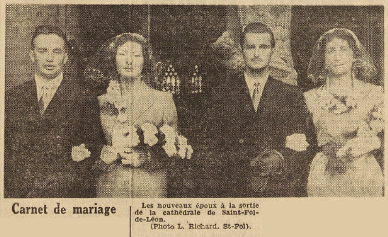 St-Pol-de-Léon Mariages Trichet Joëlle avec Jozroland Jean et Trichet Marie-Thérèse avec Trégouët Georges Le Télégramme 7 août 1952