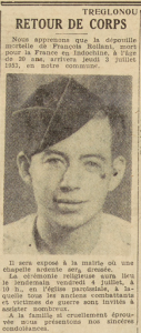 Treglonou Retour de corps Rollant François mort pour la France en indochine Le Télégramme de Brest 2 septembre 1953