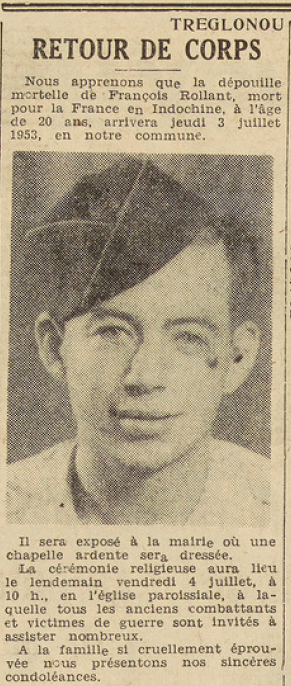 Treglonou Retour de corps Rollant François mort pour la France en indochine Le Télégramme de Brest 2 septembre 1953