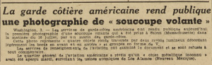 Une photographie de soucoupe volante rendue publique par les gardes côtes américains Le Télégramme 4 août 1952