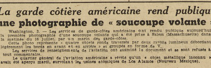 Une photographie de soucoupe volante rendue publique par les gardes côtes américains Le Télégramme 4 août 1952