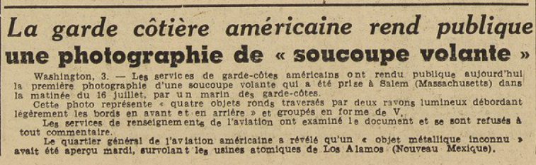 Une photographie de soucoupe volante rendue publique par les gardes côtes américains Le Télégramme 4 août 1952
