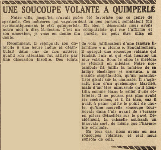 Une soucoupe volante à Quimperlé Le Télégramme 7 août 1952