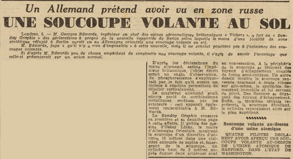 Une soucoupe volante au sol Le Télégramme du 7 Juillet 1952