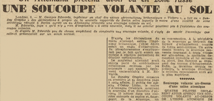 Une soucoupe volante au sol Le Télégramme du 7 Juillet 1952