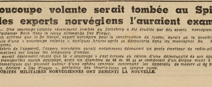 Une soucoupe volante serait tombée au Spitzberg Norvège Le Télégramme de Brest 9 août 1952