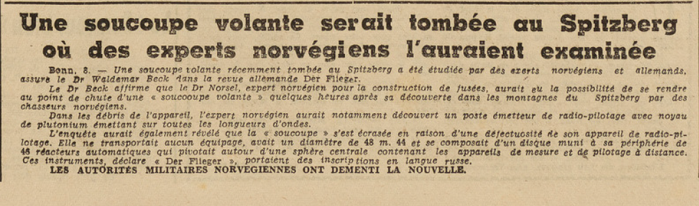 Une soucoupe volante serait tombée au Spitzberg Norvège Le Télégramme de Brest 9 août 1952