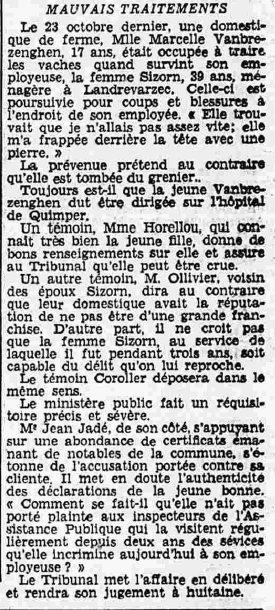 Landrevarzec Marcelle Vanbrezenghen et Sizorn Tribunal correctionnel Le Petit Breton 2 février 1936