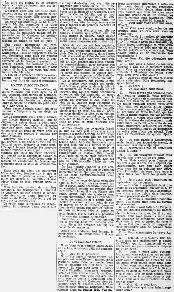 Quimper Le Drame du chemin de halage acte accusation interrogatoire Le Petit Breton 13 janvier 1935