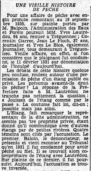 Tréguennec Tribunal correctionnel vielle affaire de pêche Lautrédou Yves Garrec Corentin Le Floch Jean Le Bloa Yves Le Petit Breton 2 février 1936
