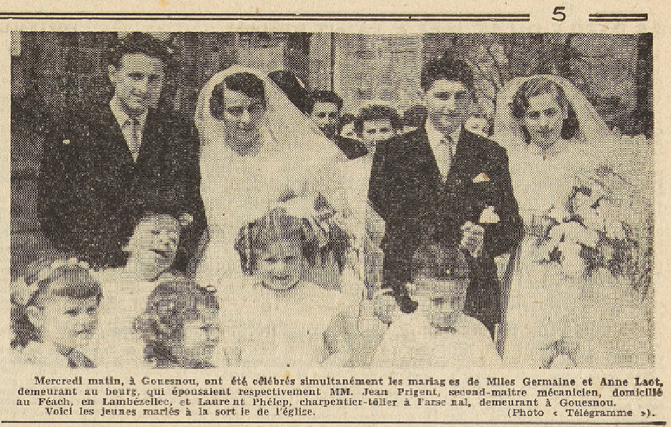 Gouesnou Mariages Mlles Germaine et Anne Laot avec Jean Prigent et Laurent Phélep Le Télégramme 13 mai 1955