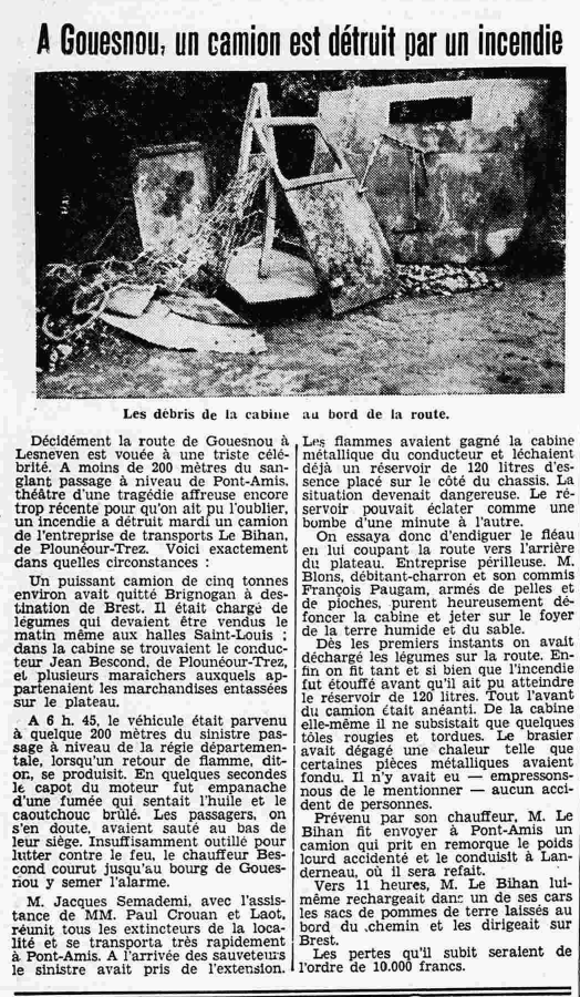 Gouesnou camion détruit par un incendie Le Petit Breton 1 novembre 1936