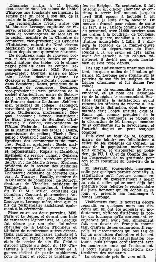 Morlaix Légion d'honneur Lerouge père et fils Le Petit Breton 1 novembre 1936