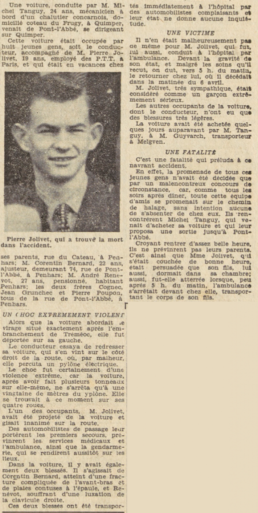 Penhars accident de voiture décès de Pierre Jolivet de Paris Le Télégramme 7 mai 1955