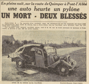 Quimper Pont-l'Abbé accident de voiture décès de Pierre Jolivet de Paris Le Télégramme 7 mai 1955