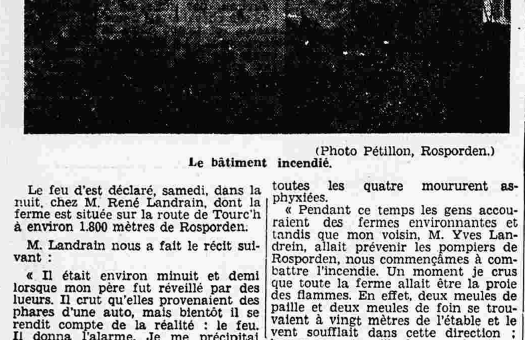 Rosporden Incendie dans la ferme de Landrain René Le Petit Breton 1 novembre 1936