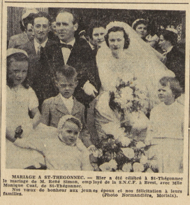 St-Thégonnec mariage René Simon avec Monique Coat Le Télégramme 5 mai 1955