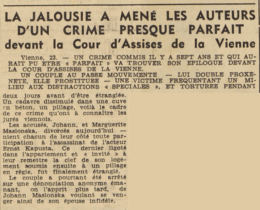 Vienne 1955 : Johann et Marguerite Maslonska jugés pour l’assassinat d’Ernst Kapusta