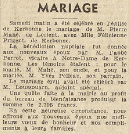 Brest Kerbonne Mariage Mahé Pierre et Prigent Félicienne Le Télégramme de Brest 16 mai 1955
