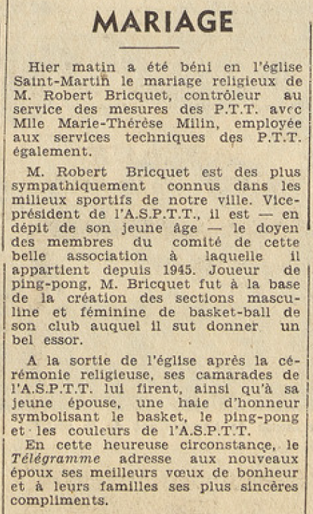 Brest Mariage Briquet Robert avec Millin Marie-Thérèse Le Télégramme 31 mai 1955