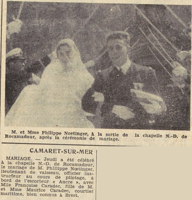 Camaret mariage Noetinger Phillippe avec Caradec Françoise Le Télégramme 17 mai 1955