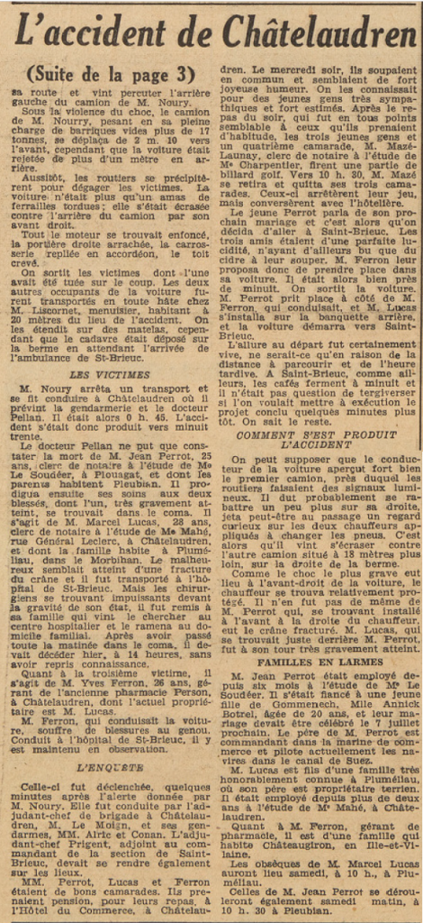 Châtelaudren accident Le Télégramme 27 mai 1955