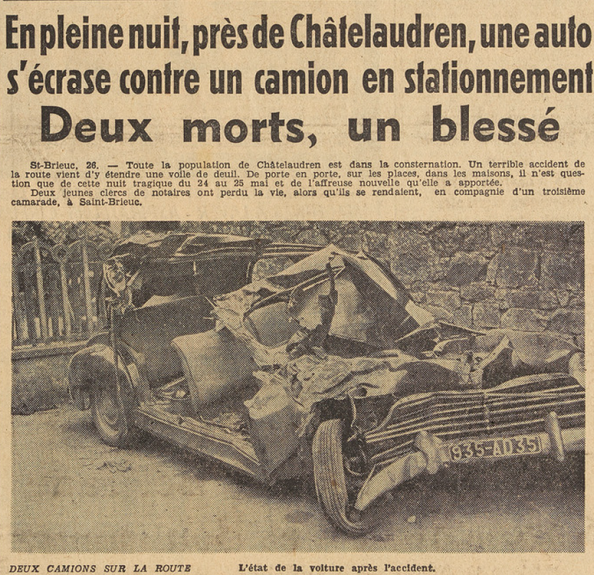 Châtelaudren accident de voiture Le Télégramme 27 mai 1955
