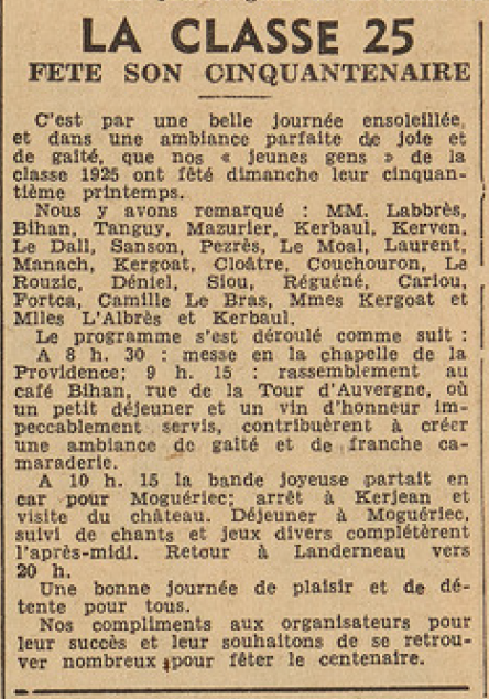 Landerneau La classe 1925 fête son cinquantenaire Le Télégramme 23 mai 1955