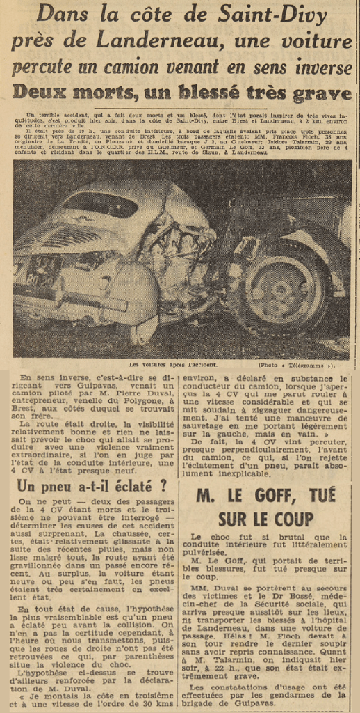 Landerneau une voiture percute un camion Le Télégramme 28 mai 1955