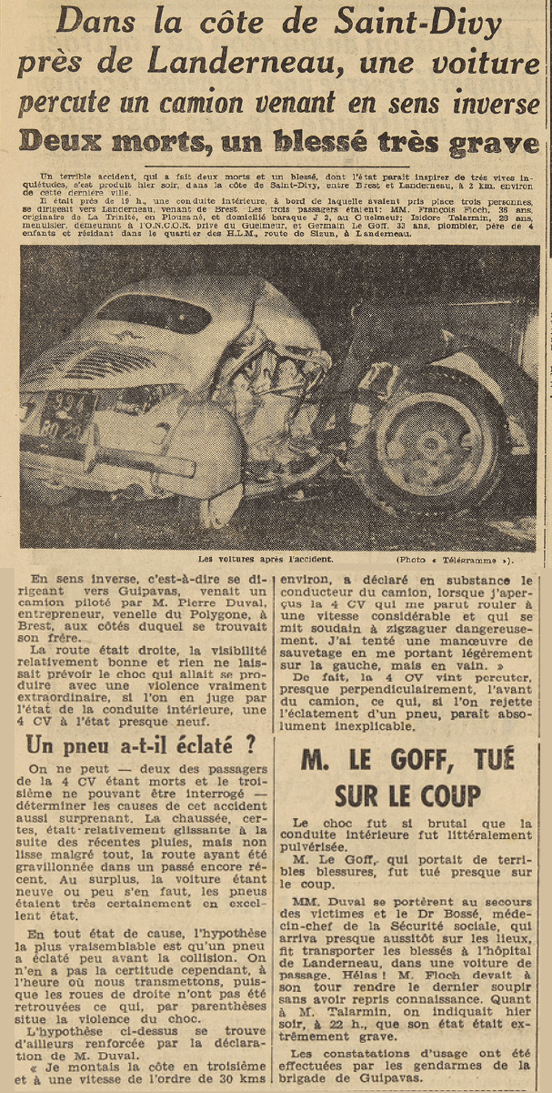 Saint-Divy 1955 : collision près de Landerneau, deux morts