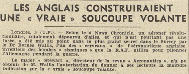 Les Anglais contruiraient une vrai soucoupe volante Le Télégramme 6 mai 1955