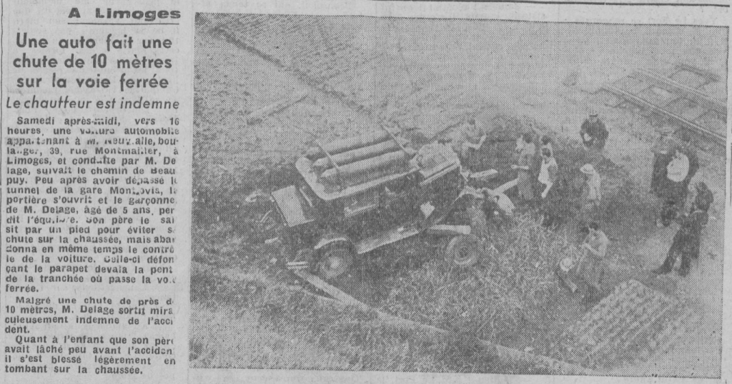 Limoges une auto chute de 10 mètres L'Echo du Centre 2 mai 1950