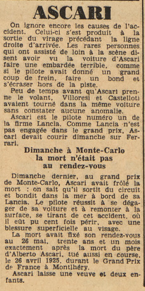 Milan circuit de Monza Ascari se Tue à l'entaînement Le Télégramme 27 mai 1955