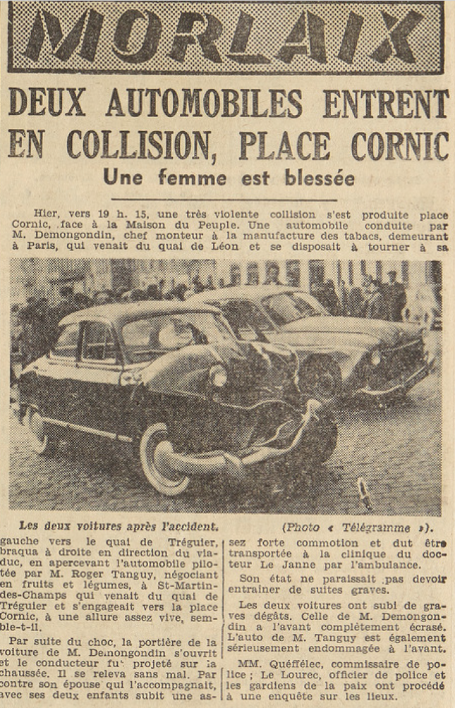 Morlaix Accident de voiture Tanguy Roger et Mr Denongondin Le télégramme 2 mai 1955