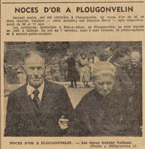 Plougonvelin Noces d'Or Mr et Mme Gabriel Vaillant Le Télégramme 23 mai 1955