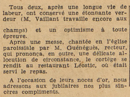 Plougonvelin Noces d'Or Mr et Mme Vaillant Le Télégramme 23 mai 1955