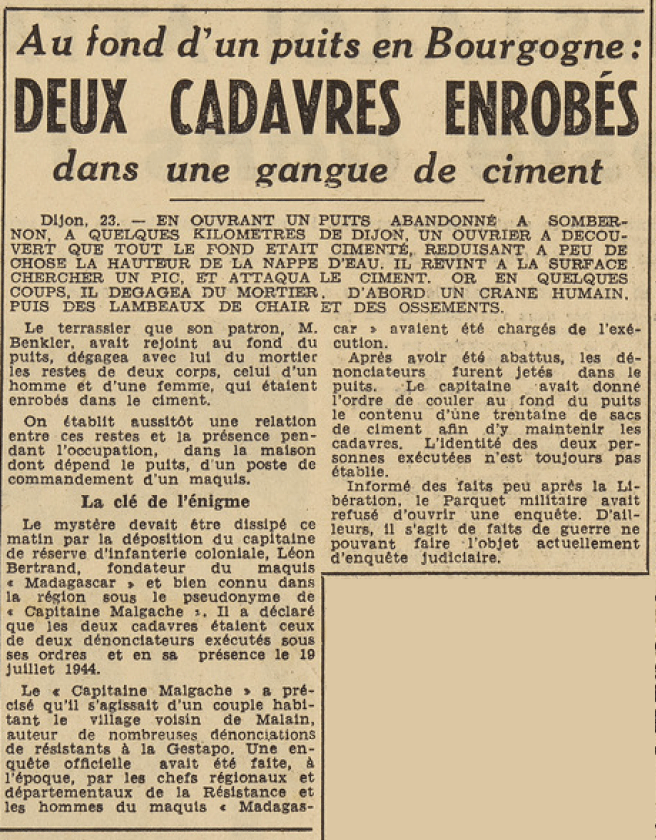 Sombernon deux cadavres de dénonciateurs découverts au fond d'un puit Le Télégramme 24 mai 1955